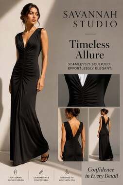 Savannah Studio Plunging V-Neck Ruched Bodycon Maxi Dress